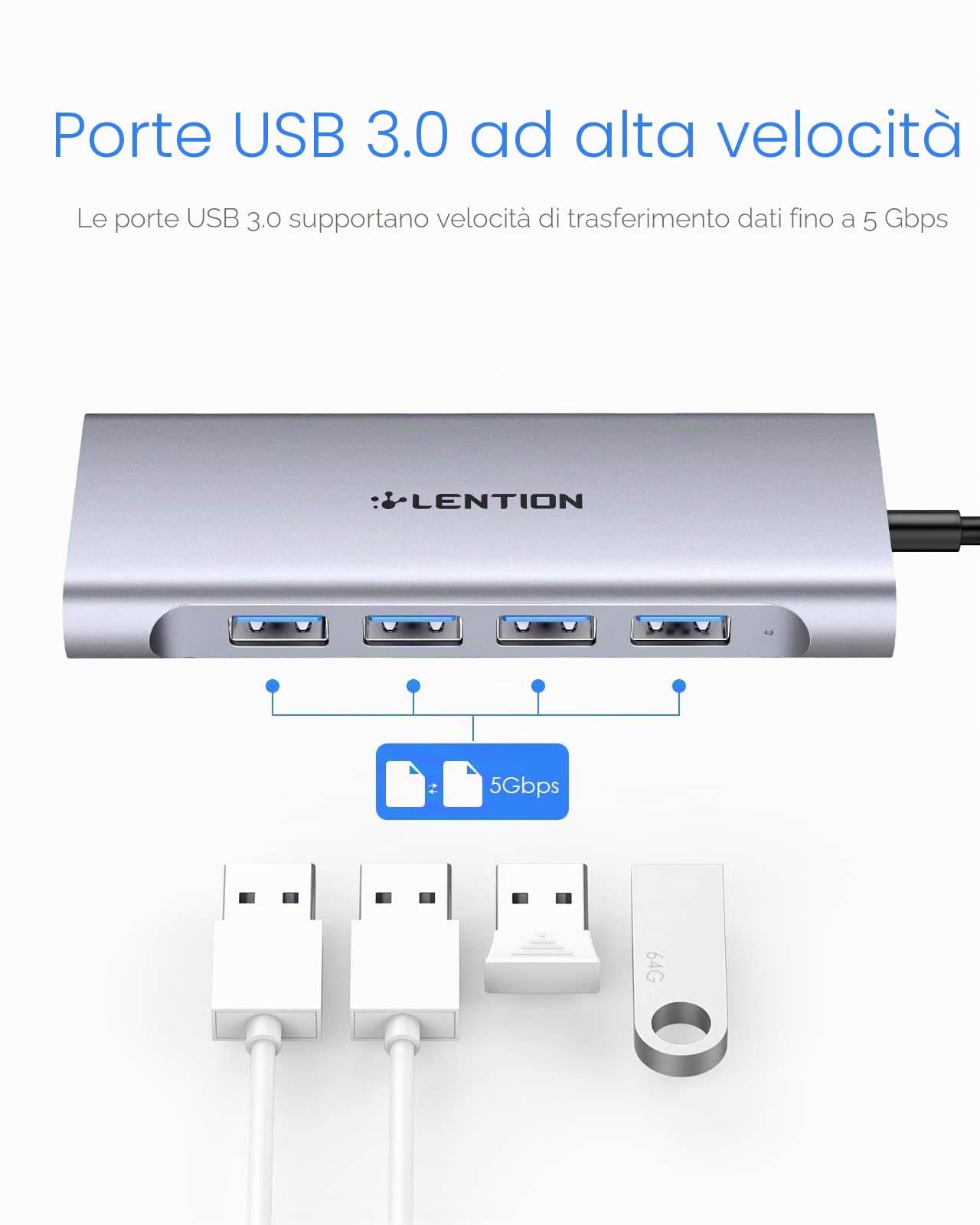 LENTION Hub USB C HDMI 4K, 4 Porte USB 3.0, PD 100W Ricarica di Tipo C, Adattatore per 2023-2016 MacBook Pro M2 M1, Mac Air, iPhone 15 Plus Pro Max, Surface PRO 9, Chromebook (C35H, Grigio Spazio)