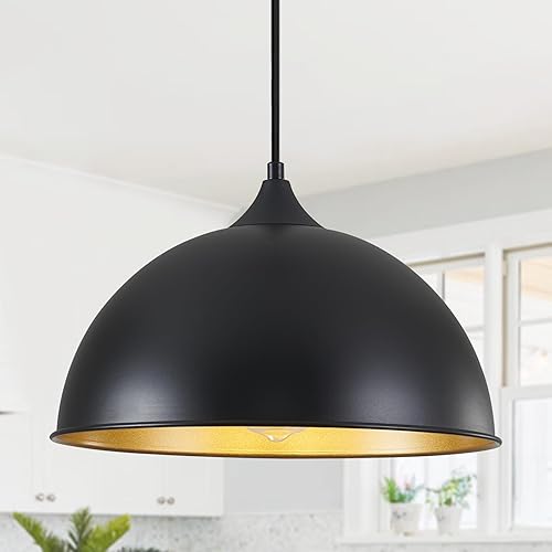 Luces colgantes para isla de cocina, 12 pulgadas, cúpula negra y dorada, lámpara colgante industrial vintage para granja, comedor, restaurante,