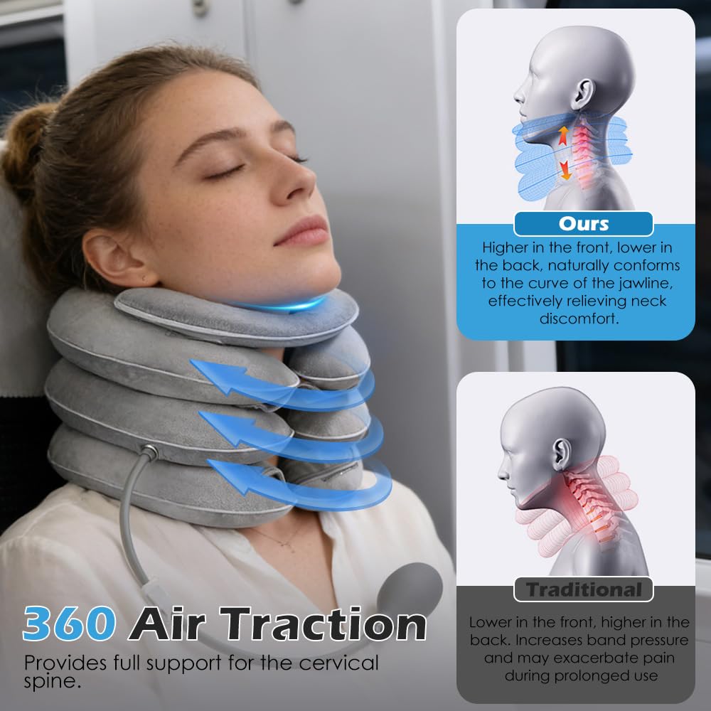 Étireur cervical gonflable, Soutien du cou avec conception d'étirement à 3 niveaux et support mentonnier, Oreiller cervical gonflable, Minerve pour le soulagement des douleurs chroniques (Gris clair)