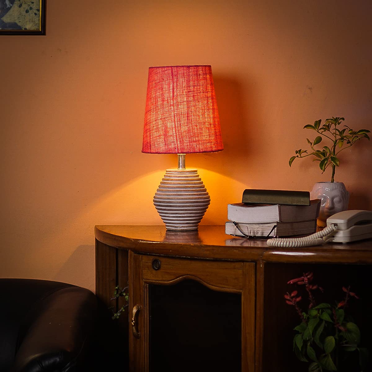 PineCraft International Atury Table Lamp with Shade Night Lamp for Living Room, Study Room, Bedroom & Home Decor Gift Item 17 inch Height Wooden Study Lamp with Pink Shade