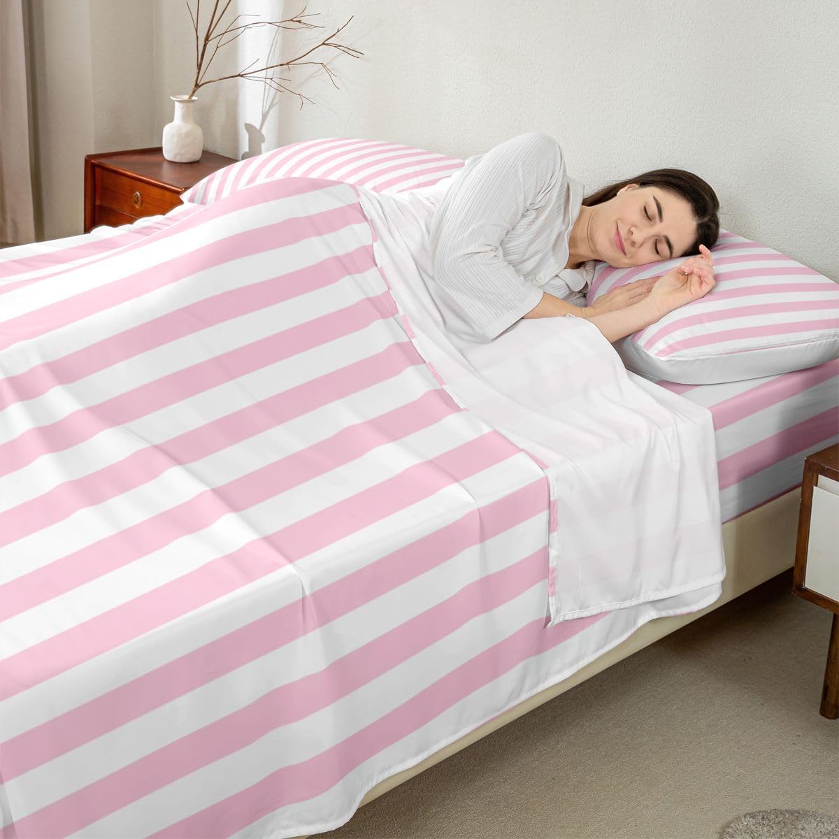 Manfei Gestreiftes Oberlaken, Queen-Size-Größe, gestreiftes Bettwäsche-Set, 4-teilig, für Kinder, Mädchen, Jungen, Teenager, Zimmer-Dekoration, moderne geometrische Linien, Spannbettlaken, rosa-weißes