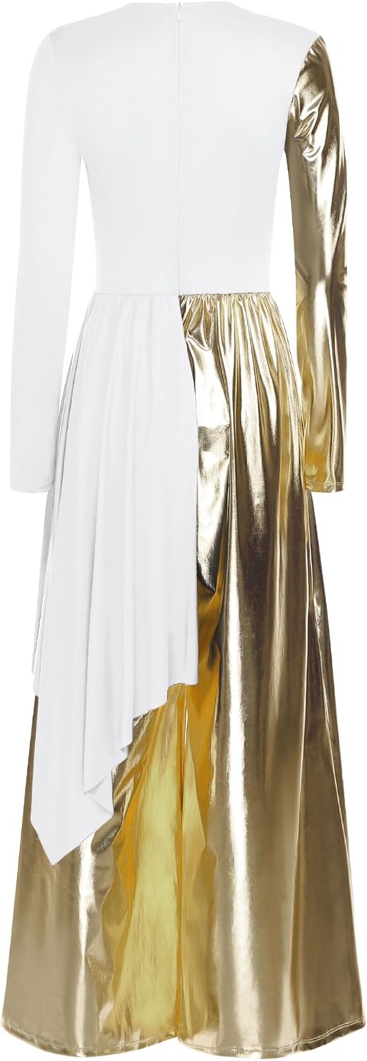 XUNZOO Praise Liturgical Dance Costume for Women Metallic Gold Round Neck Worship Overlay Jumpsuit Loose Pants