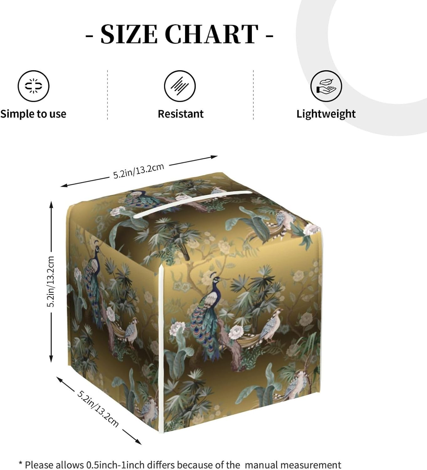 Chinoiserie Oriental Tissue Box Cover Chinese Peacock Golden Green Floral Botanical Square Pu Leather Tissue Holder Facial Paper Organizer Dispenser for Bedroom Dresser Night Stand Office Desk Car image 4