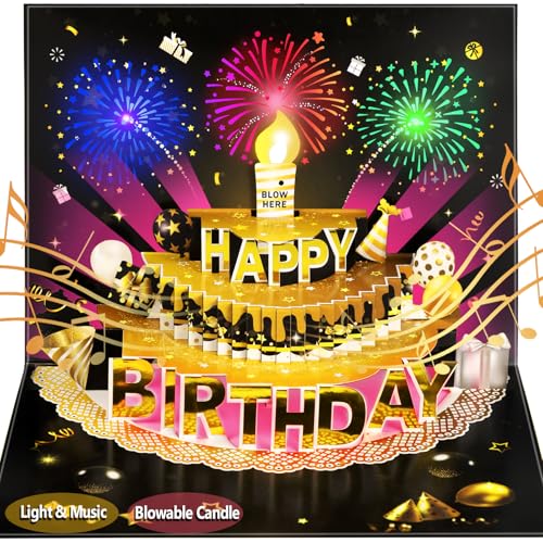 Tarjeta de cumpleaños 3D desplegable con luces y sonido, vela LED con sensor, tarjeta de felicitación musical para hombres, mujeres y niños