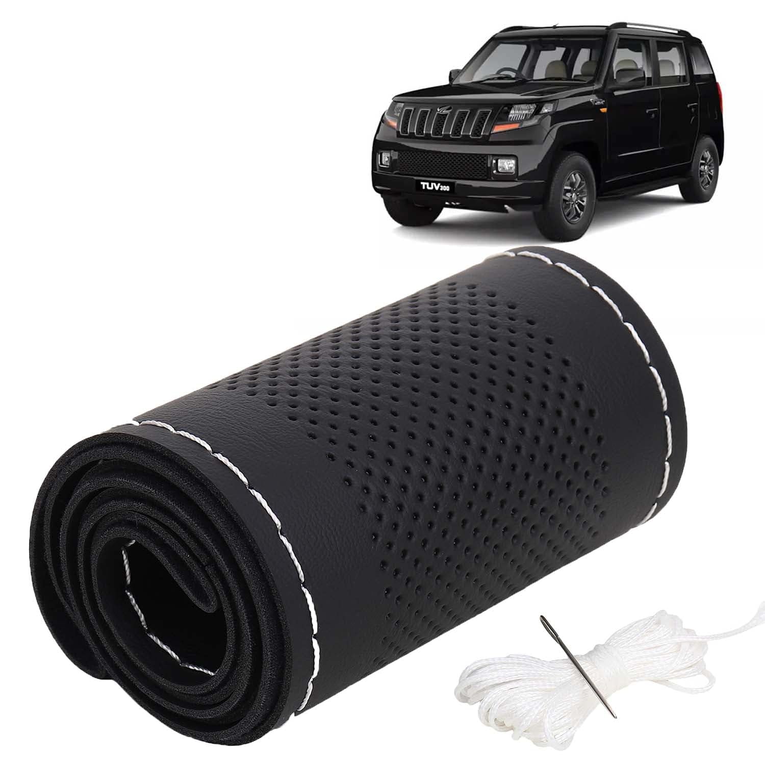 KINGSWAY® PU Leatherite Car Steering Cover Sewable Compatible with Mahindra TUV 300 (Year 2015 Onwards), Black Color wit
