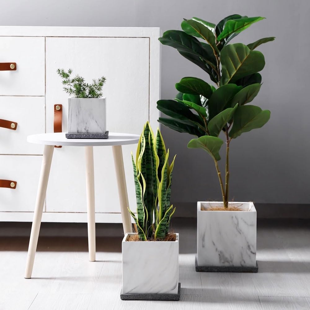 macetas para plantas Doniczka w kształcie kwadratu z kamieniem, doniczka ceramiczna podstawkami, tace i otwór drenażowy, na balkon salon kuchnia ogród(Duży)