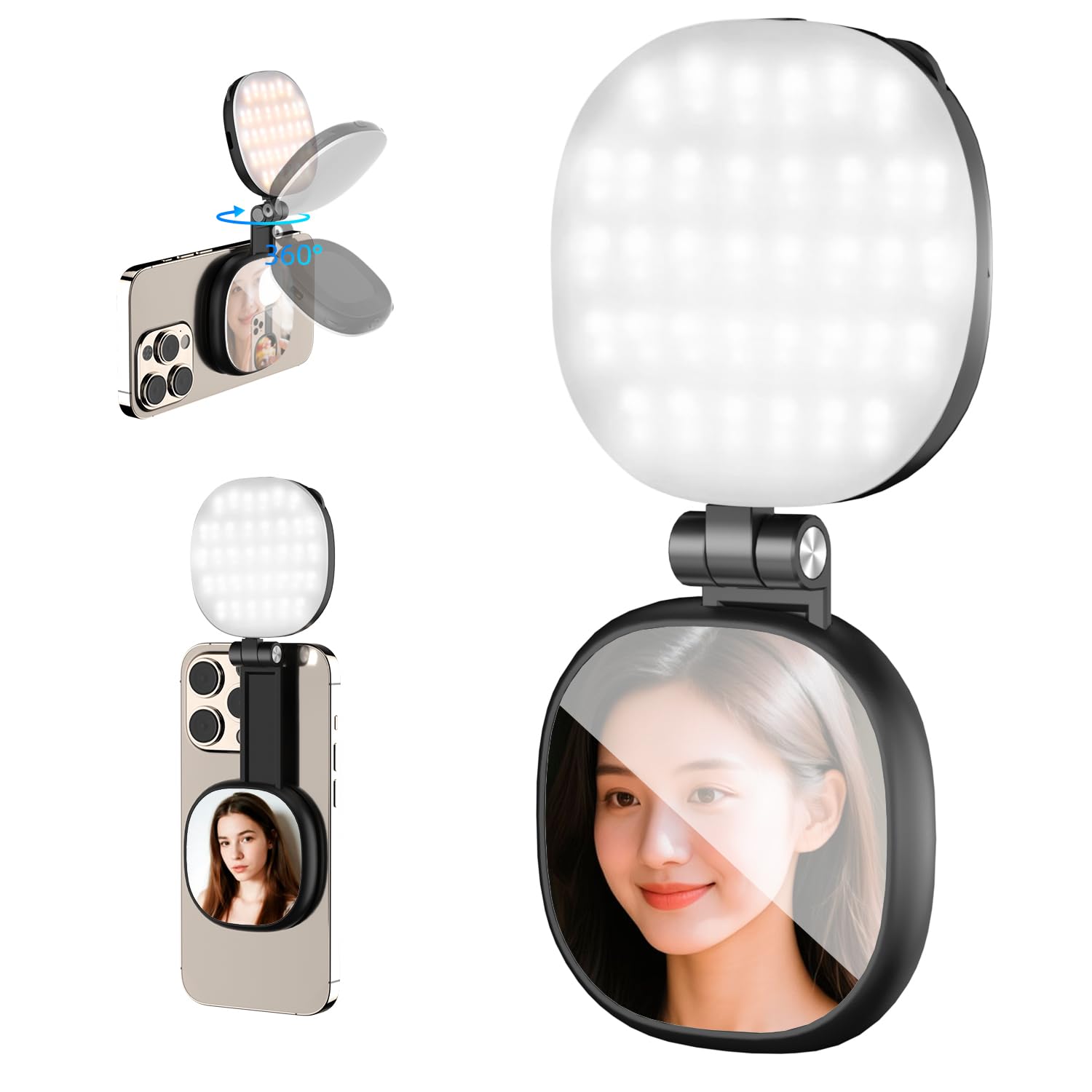 Magnetic Selfie Light with Mirror for iPhone & Android, Rechargeable LED Ring Light, CRI95+, 360° Rotation, Foldable Phone Fill Light for Makeup, Selfies, Zoom & Vlogging (Black)-picture-14