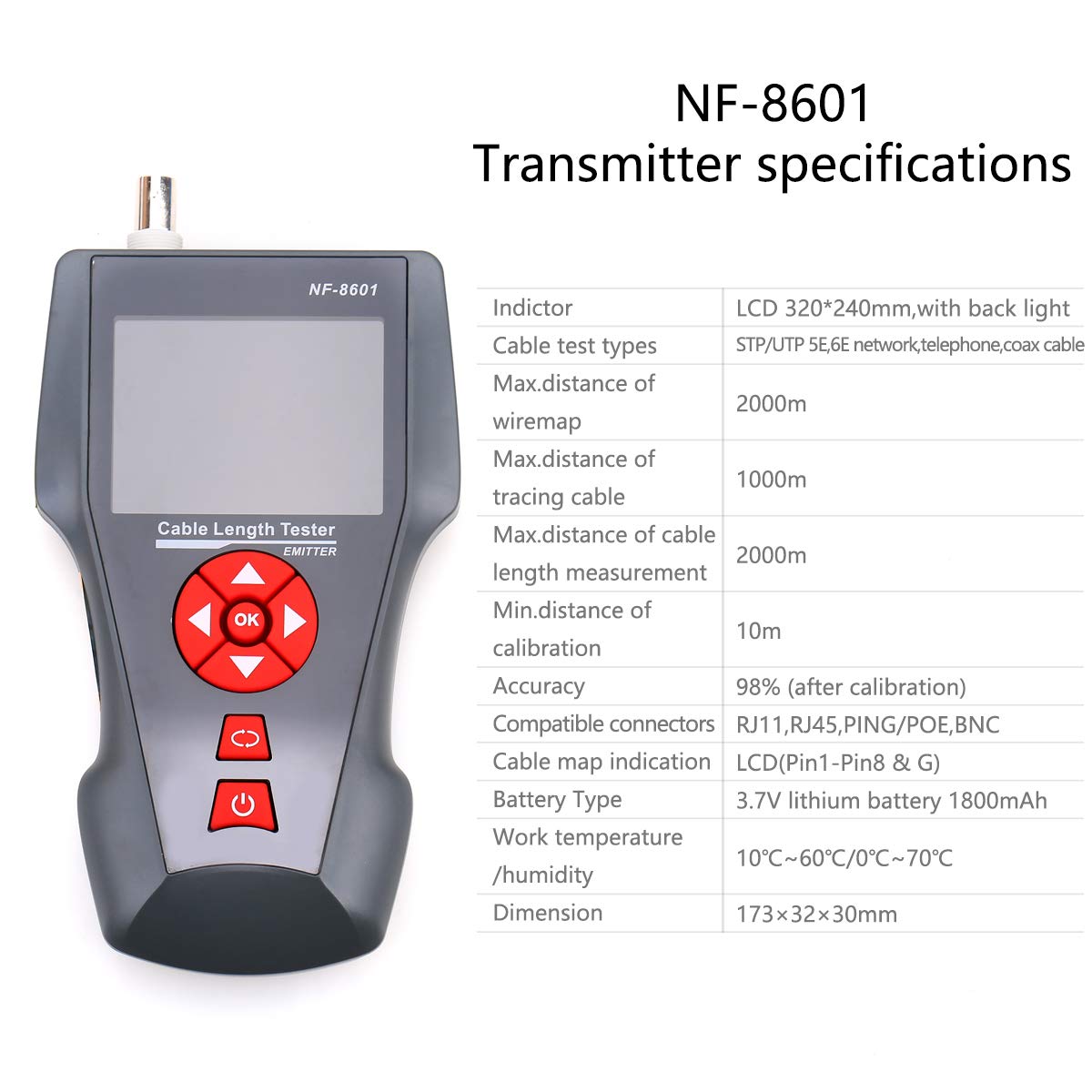 NF-8601 /NF-8601W Wielofunkcyjny tester kabli sieciowych LCD Tester długości kabla Tester punktów przerwania Wersja angielska KELUSHI (NF-8601)