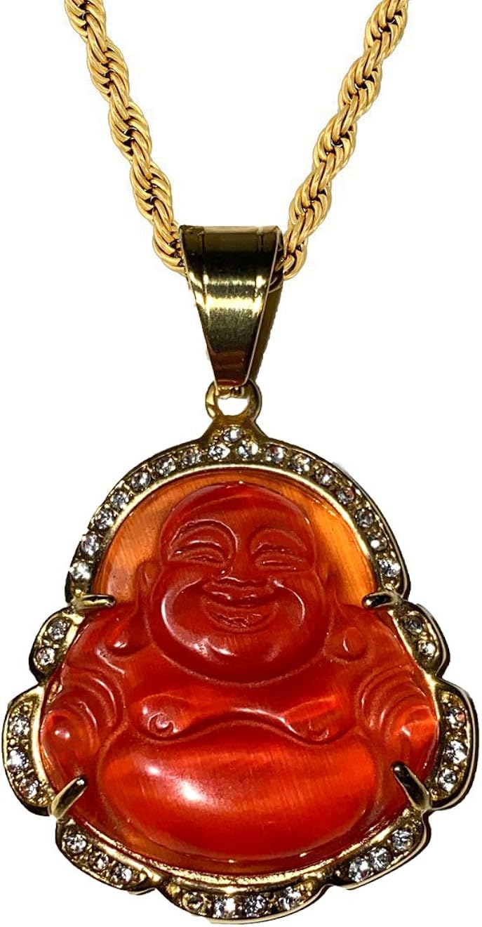Men Women Jewelry Iced Laughing Bloody Red Jade Buddha Pendant Necklace
