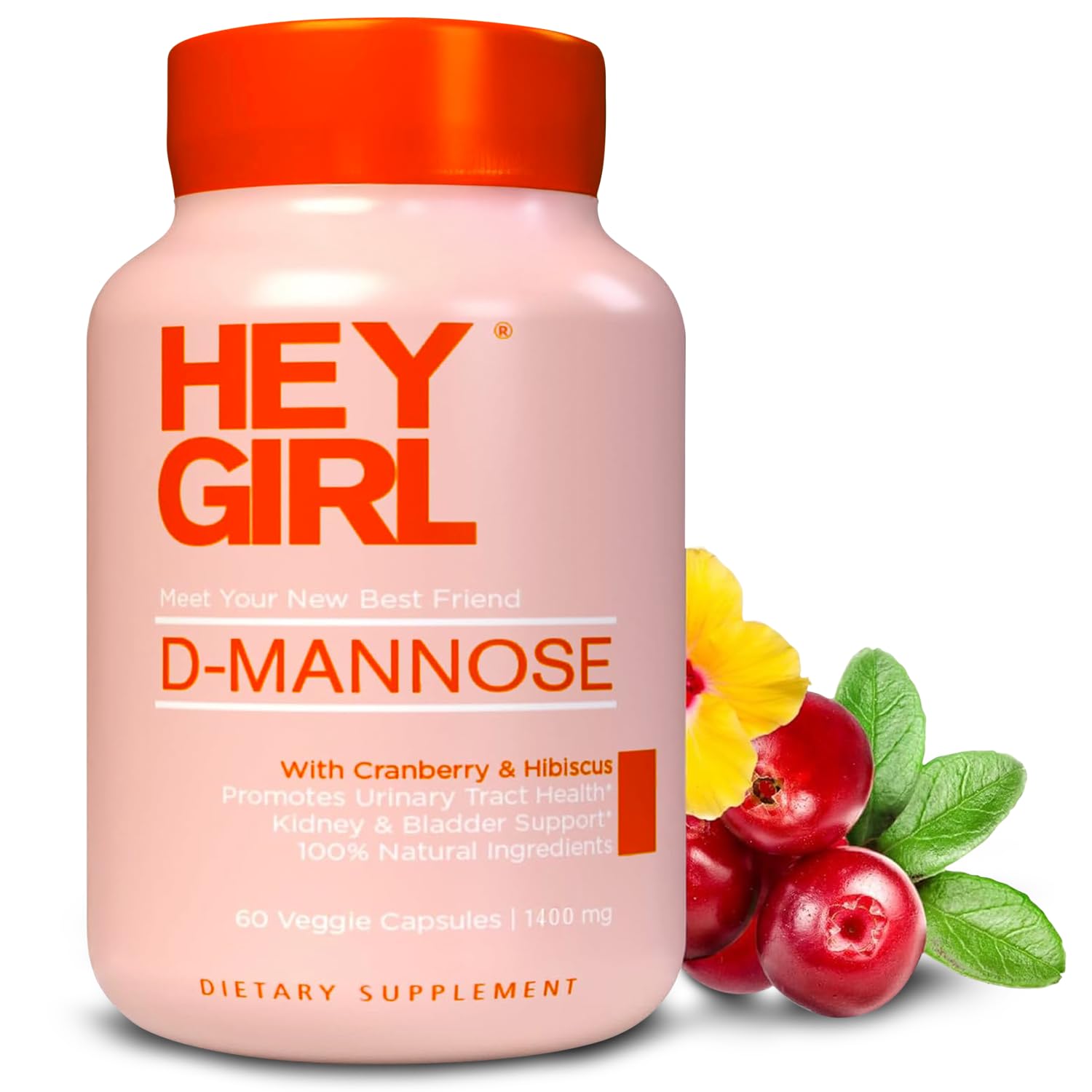 HEY GIRL NUTRITION D Mannose Capsules - Fast-Acting UTI Relief - Cleanse & Flush Impurities - with Natural D-Mannose Powder, Cranberry, Hibiscus & Dandelion - Alternative to Cranberry Pills for Women