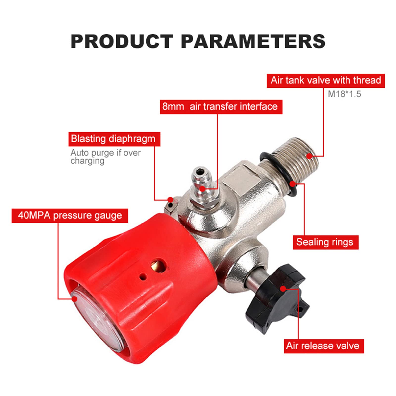 TUXING 4500PSI Station de remplissage de paintball PCP haute pression HPA Réservoir de CO2 Réservoir en fibre de carbone Système de charge DIN avec jauge de remplissage de gaz haute pression M18*1.5