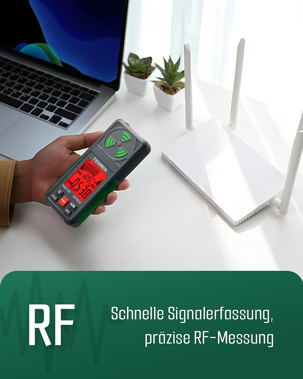 TESMEN HOUND-200 EMF-Messgerät, 3-in-1 tragbarer Elektromagnetfeldstrahlungsdetektor für EF RF MF, WiFi-Signal, zur Verwendung bei EMF-Inspektionen zu Hause und im Freien sowie Geisterjagd - Grün