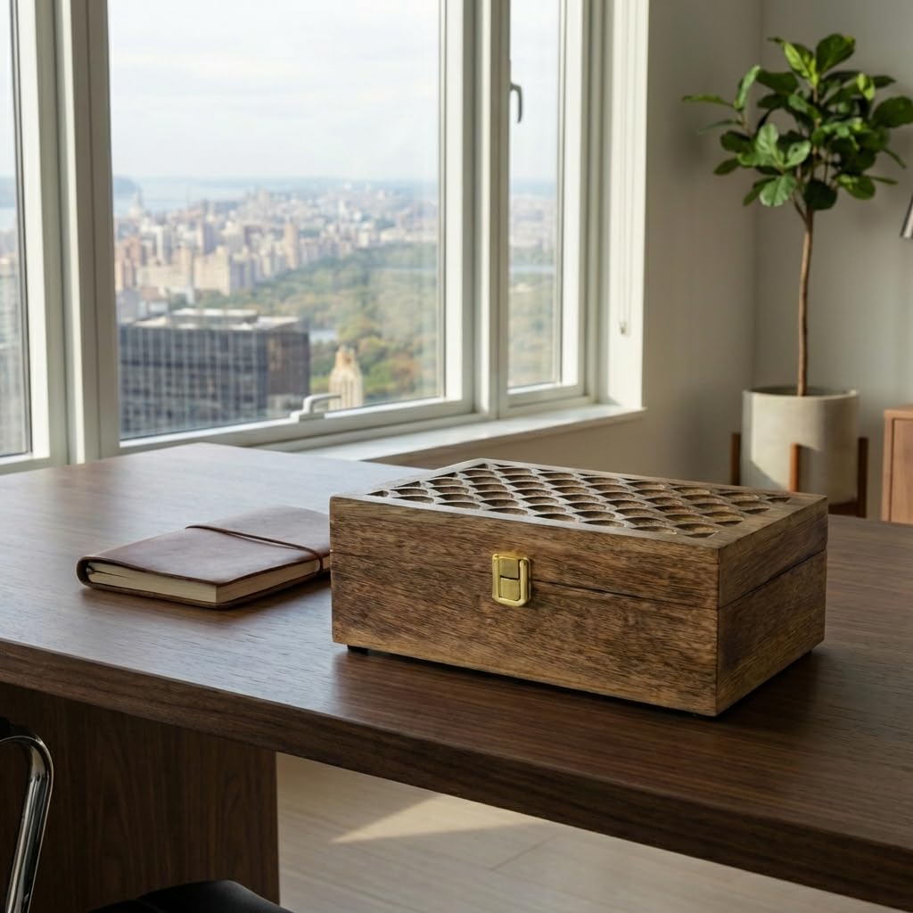 Mela Artisans Caja de recuerdos de madera con tapa con bisagras y pestillo, caja de almacenamiento decorativa grande con 6 particiones para fotos, joyas, manualidades, regalos hechos a mano, caja