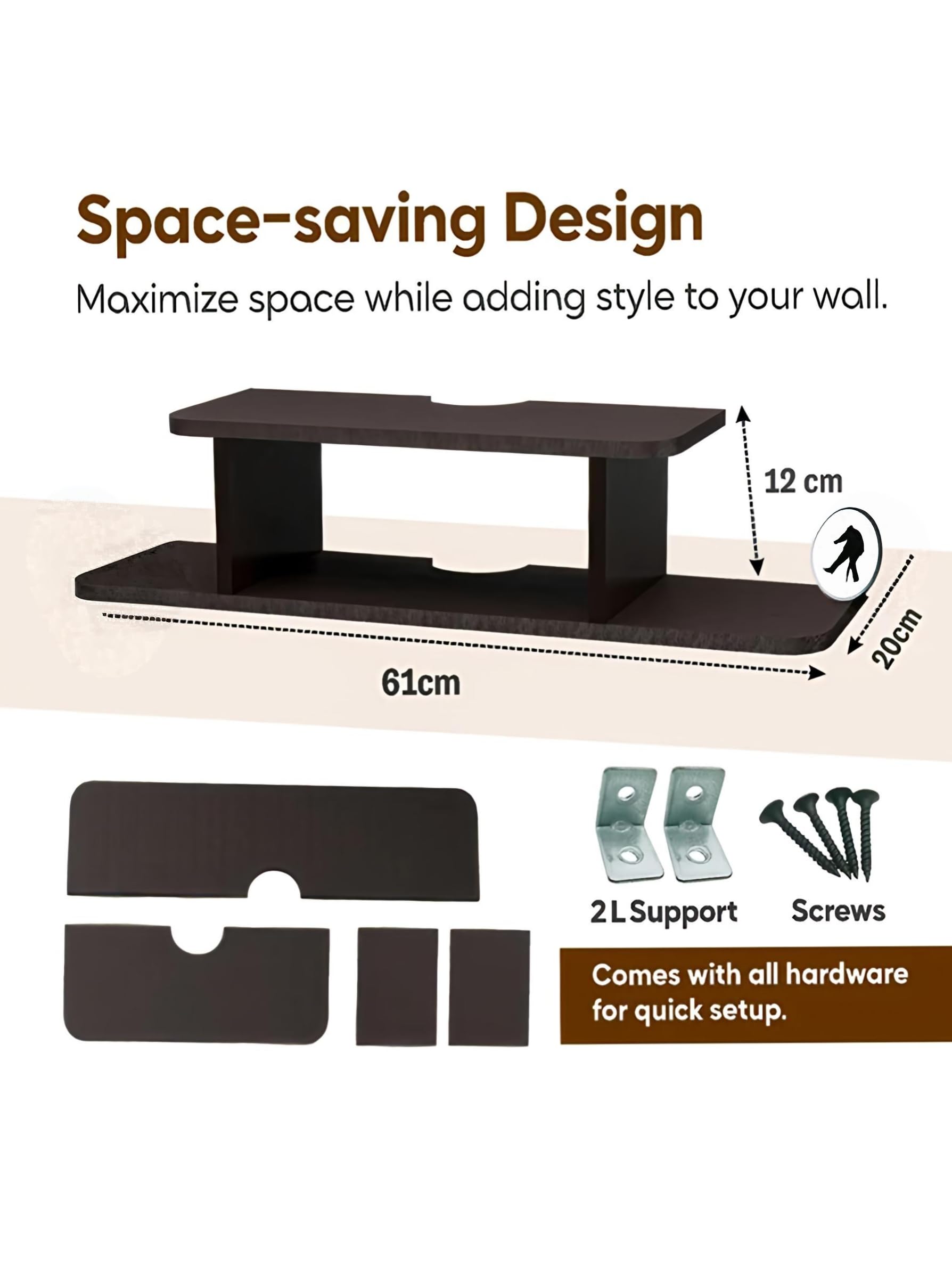NOYOTA Wooden Floating TV Entertainment Unit - Wall Mounted Stand for Set Top Box, Wall Hanging Storage Shelf/Cabinet/Rack for Home, Bedroom, Living Room – Brown