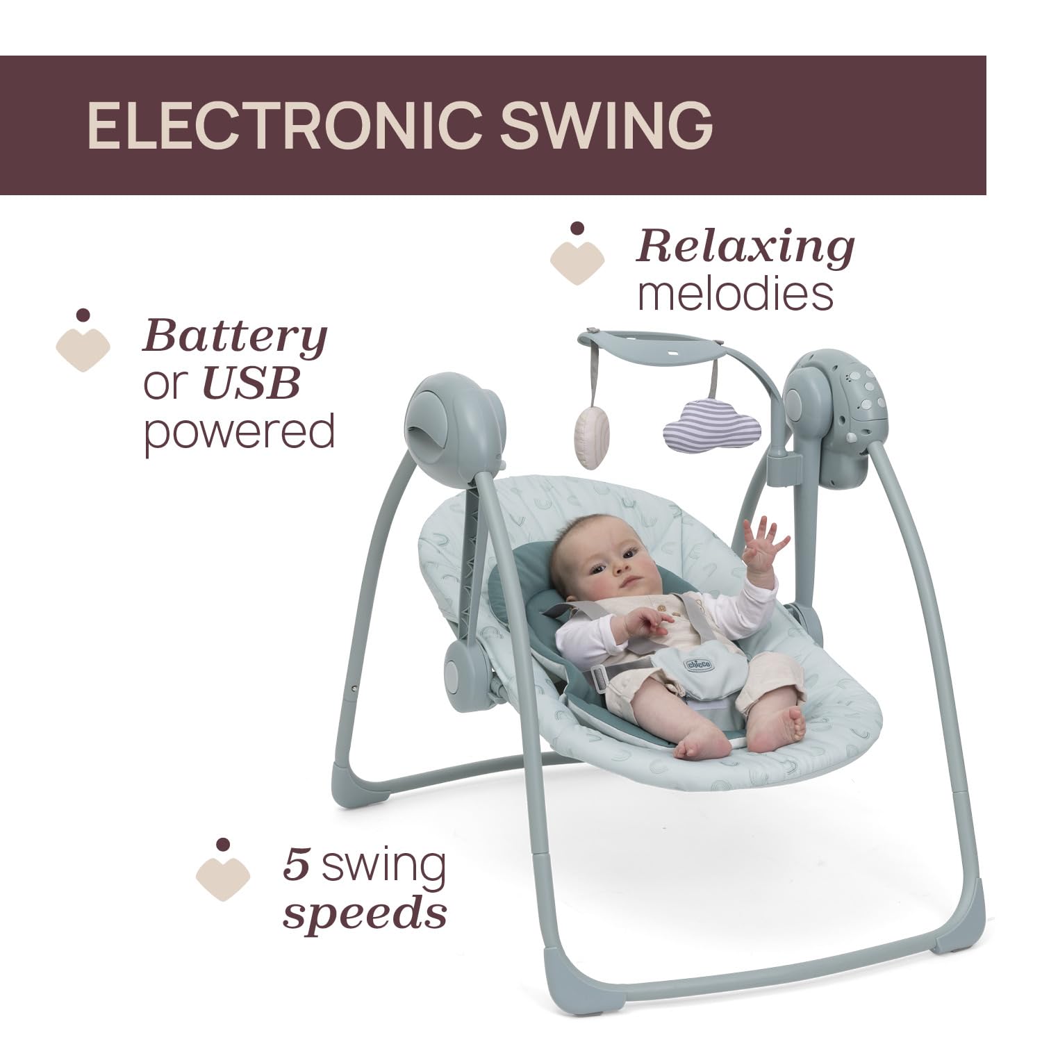 Chicco Swing&Play Columpio Eléctrico para Recién Nacidos 0 Meses+, 5 Velocidades de Balanceo, Melodías Relajantes, Plegable, Compacto y Ahorra Espacio, Respaldo con 2 Posiciones, 0 Meses