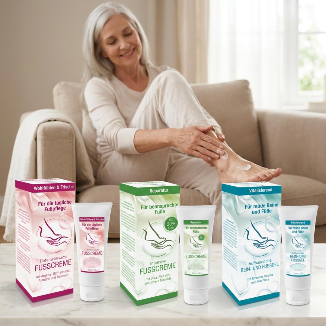 FußKomfort Fußpflegeset 3-teilig – Fußcreme & 20% Urea Creme gegen Hornhaut + Kühlendes Bein- & Fußgel mit Menthol – Intensive Pflege für trockene Füße, rissige Haut & müde Beine – 3x100 ml