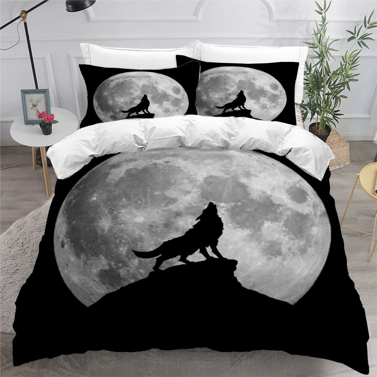 Linge de lit loup motif lune hurlant pour une chambre adulte cocooning
