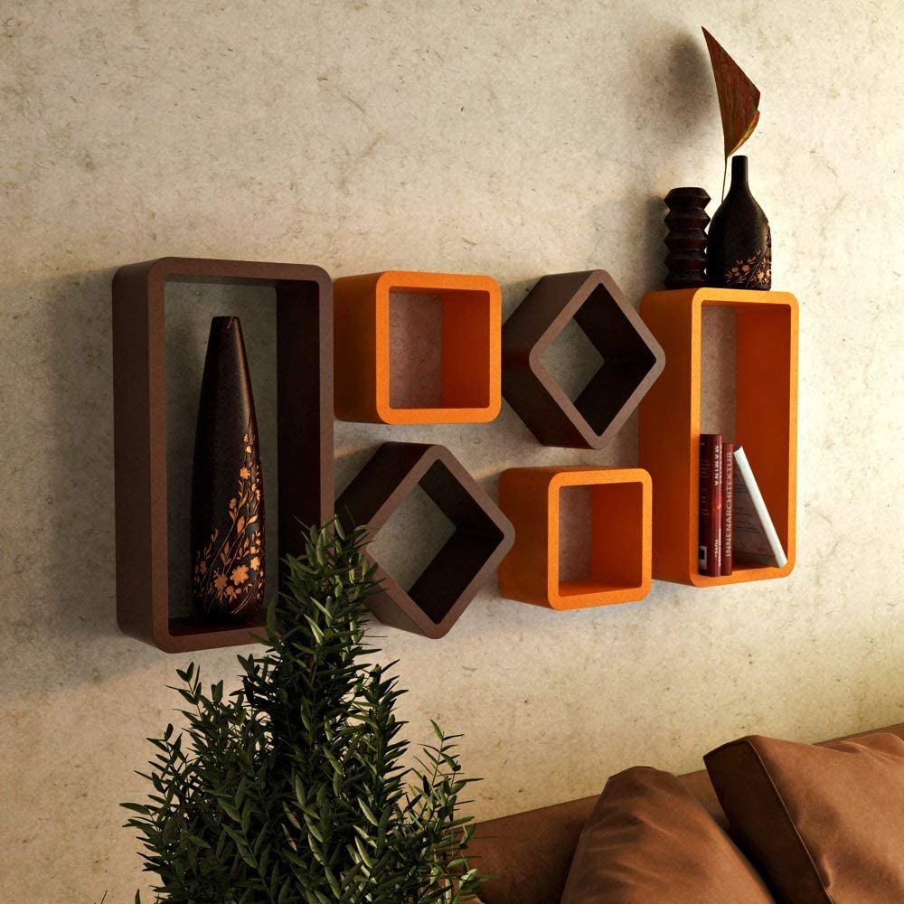 Wooden World Cube Floating, Wall Shelf, for Living Room,Drawing Room.Set of 6 (Brown & Orange)