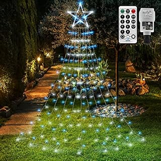 Outdoor Curtain Lights Star Fairy Lights Mains Powered Window Curtain Lights Plug in Hanging Tree Lights 335 LED for Xmas,Outside, Room Gazebo Decor(Blue+White)