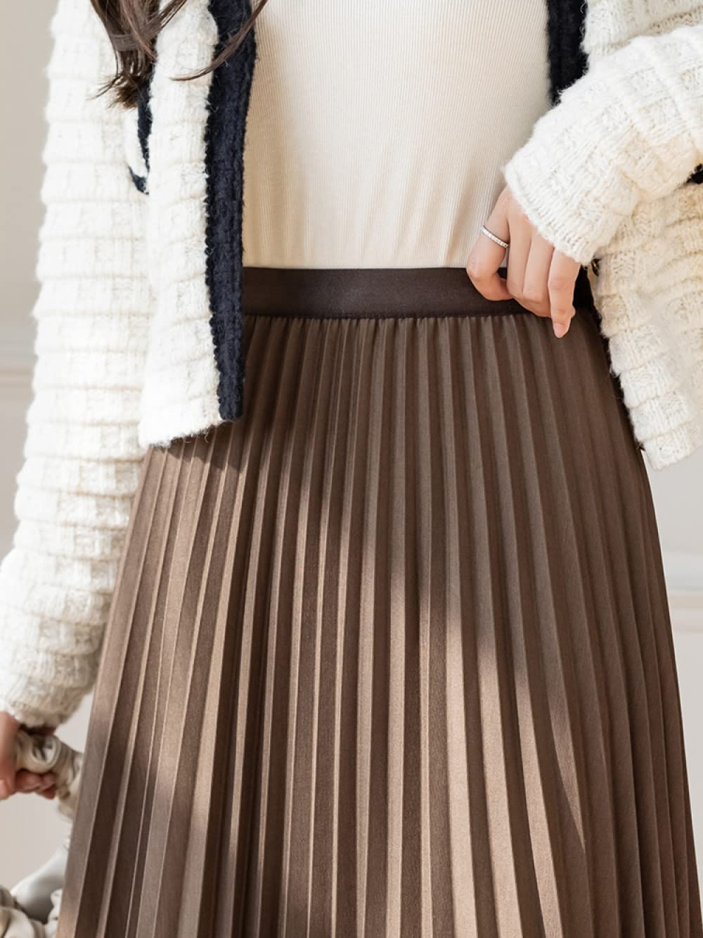 Faldas De Invierno para Mujer, Elegantes Faldas Plisadas De Color Marrón para Mujer, Cintura Elástica, Falda Midi Fluida De Talle Alto, Falda Fruncida, Falda De(S)