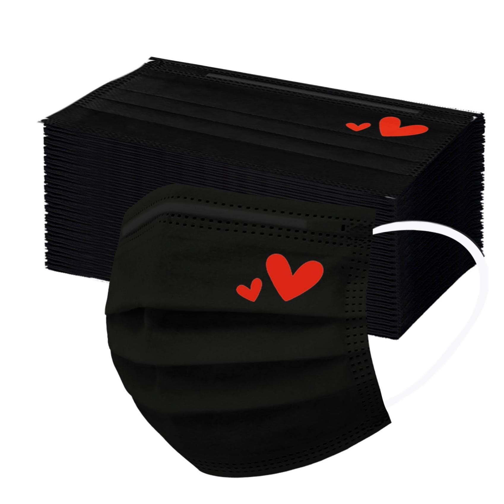 50pcs Cute Disposable Face Masks, Pink And Black Masks with Hearts Printed, 3-Ply Full Face Protection for Women Teen Girls