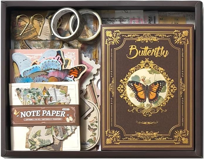 RUJVE Scrapbook Stickers Pack, Art Journal Kit, Bullet Junk Journal Planners DIY Decoration Paper Stickers Craft Kits Notebook Album Aesthetic Tape,Journaling Gift For Girl (Brown Butterfly Scrapbook) 1