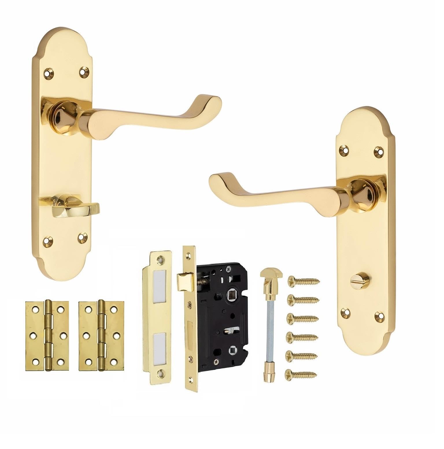 Golden Grace Polished Brass Victorian Scroll Epsom Design Bathroom Door Handle With 2.5" Bathroom Lock & Hinges 168Mm X 40Mm