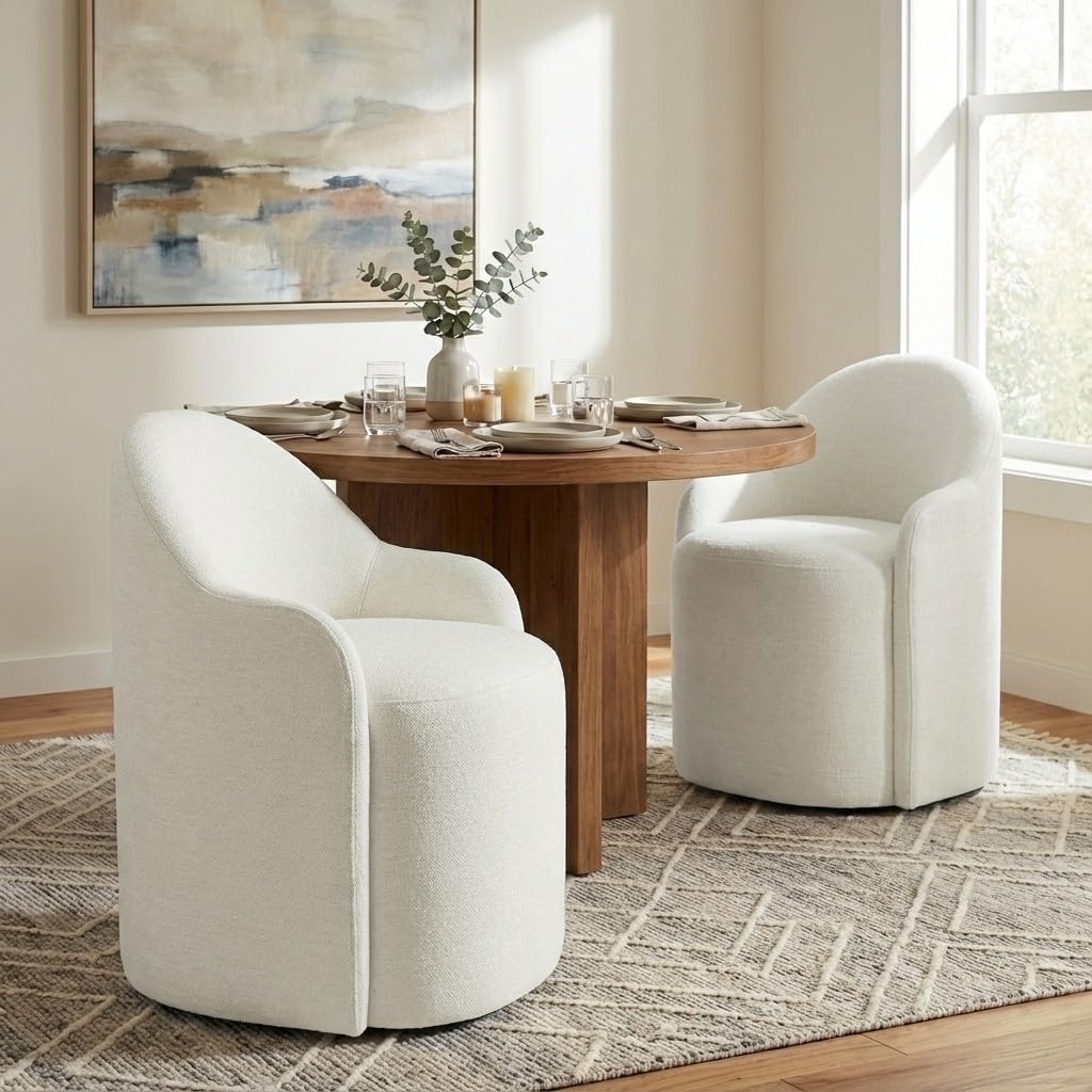 Photo 1 of ** ONLY 1**
KISLOT Upholstered Dining Chairs with Casters, No Assembly Modern Dining Room Chairs Accent Vanity Chair with 5 Wheels & Round Backrest for Bedroom, Living Room, Dressing, Linen Fabric, Set of 2