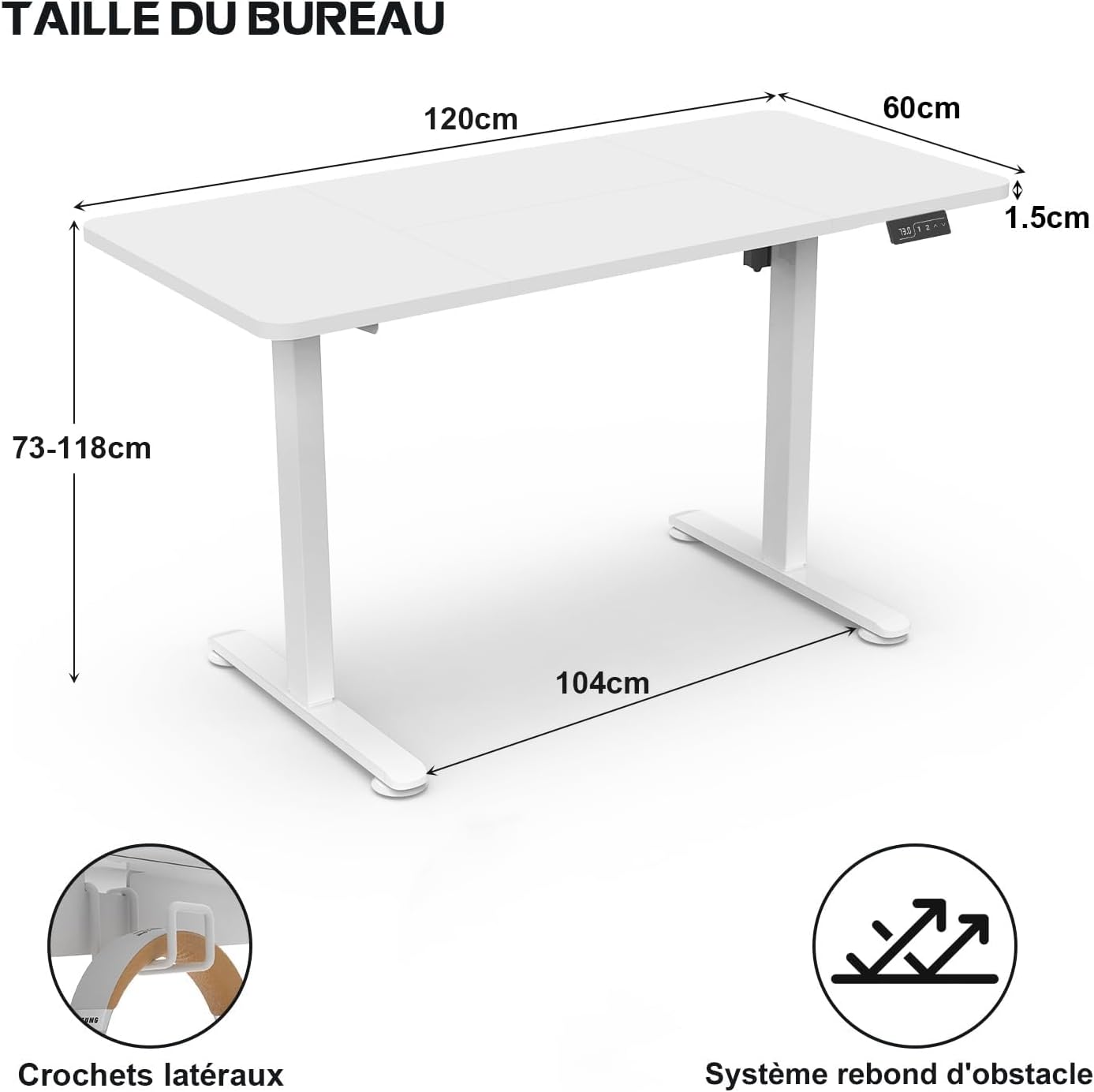 Diagram showing the dimensions of the Homall Electric Standing Desk (120cm width, 60cm depth, 73-118cm height) and features like side hooks and anti-collision system.