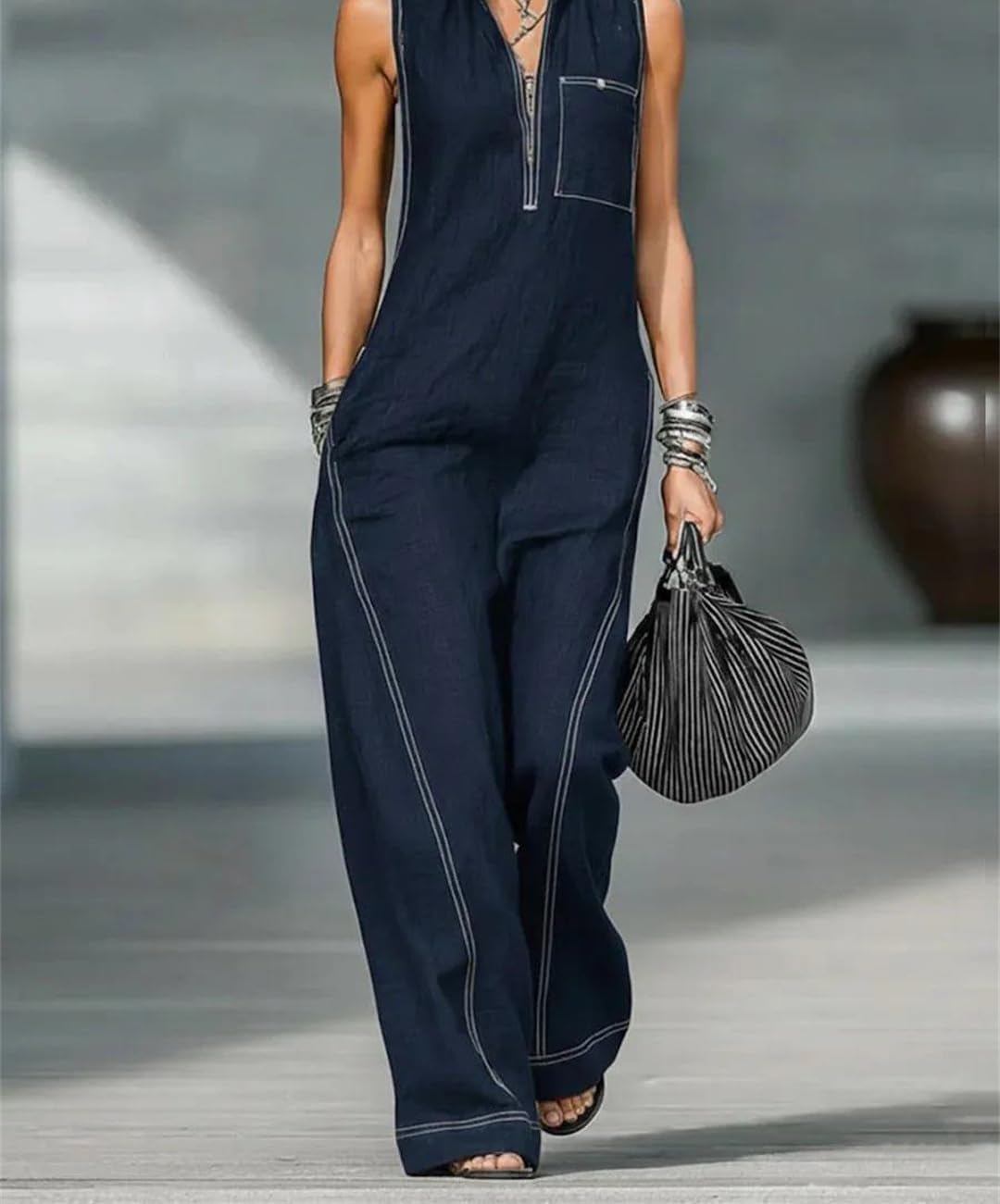 Yeuyyben Enterizo de algodón y lino para mujer, sin mangas, cuello mandarín, pierna ancha, casual, ajuste holgado, elegante, de verano