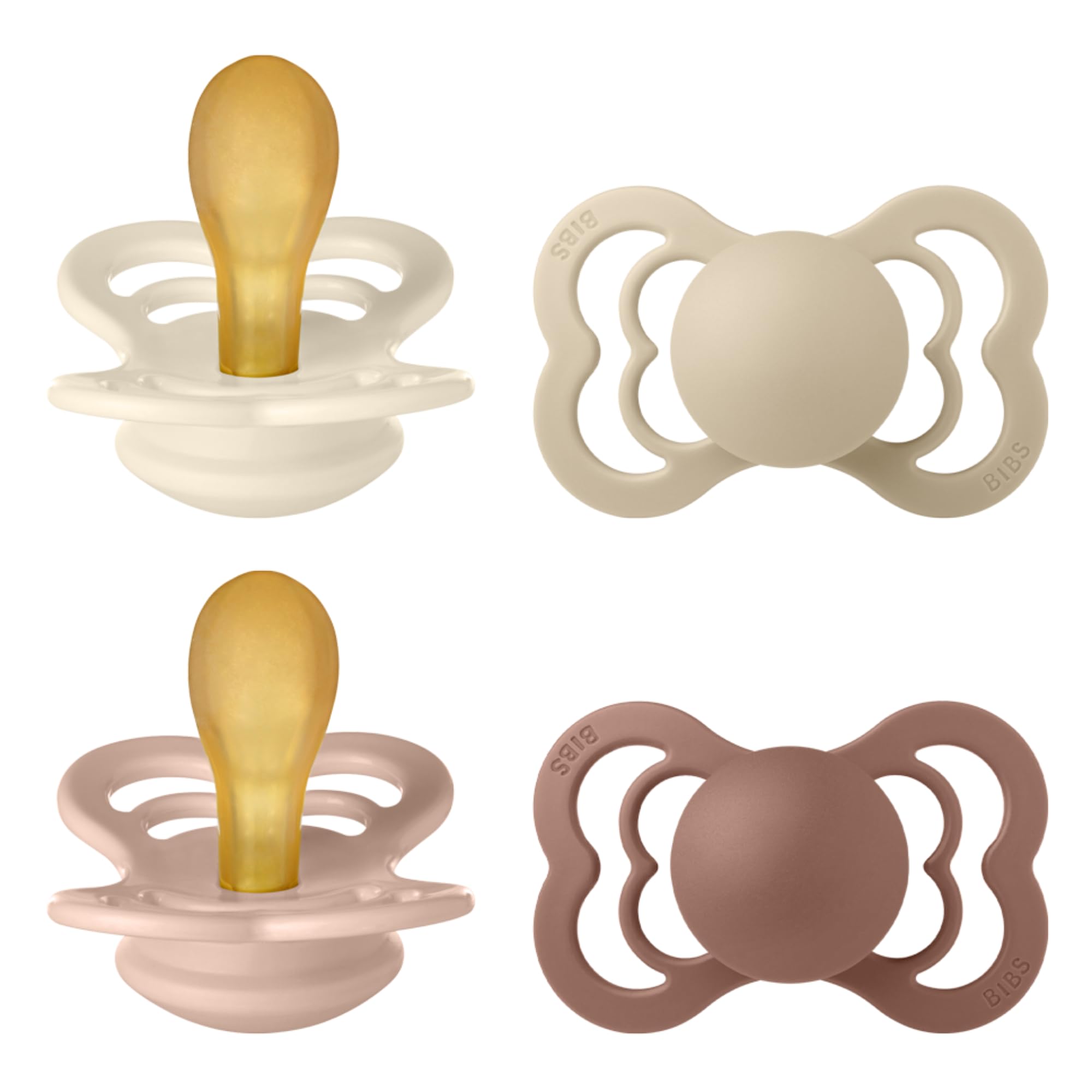 BIBS Supreme Soother 4-Pack, BPA Free Dummy Pacifier, Symmetrical Nipple. Natural Rubber Latex, Size 2 (6-18 Months), Ivory/Vanilla/Blush/Woodschuck