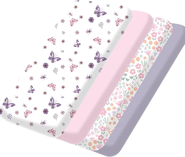 Little Grape Land Mini Crib Sheets for Girls 4 Pack, Fitted Mini Crib Sheets 26x38x5 for Pack and Play/Playard Mattress, Ultra Soft Brushed Microfiber, All-Around Elastic, Butterfly/Floral/Pink/Purple