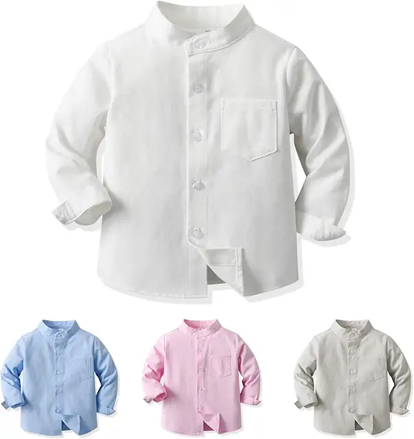 Camisa Niño Cuello Mao Manga Larga de Algodón con Botones para Niños 2-8 Años