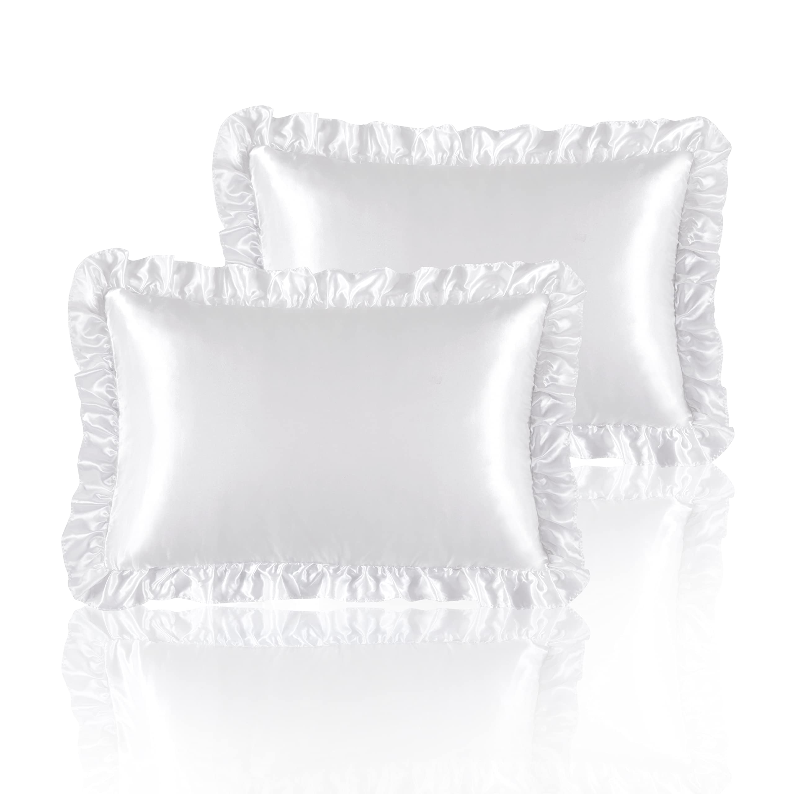 HommxJF Silky Satin Ruffled Pillow Cases for Hair and Skin,White Silk Pillowcases Standard Set of 2 with Envelope Closure Princess Room Decoration