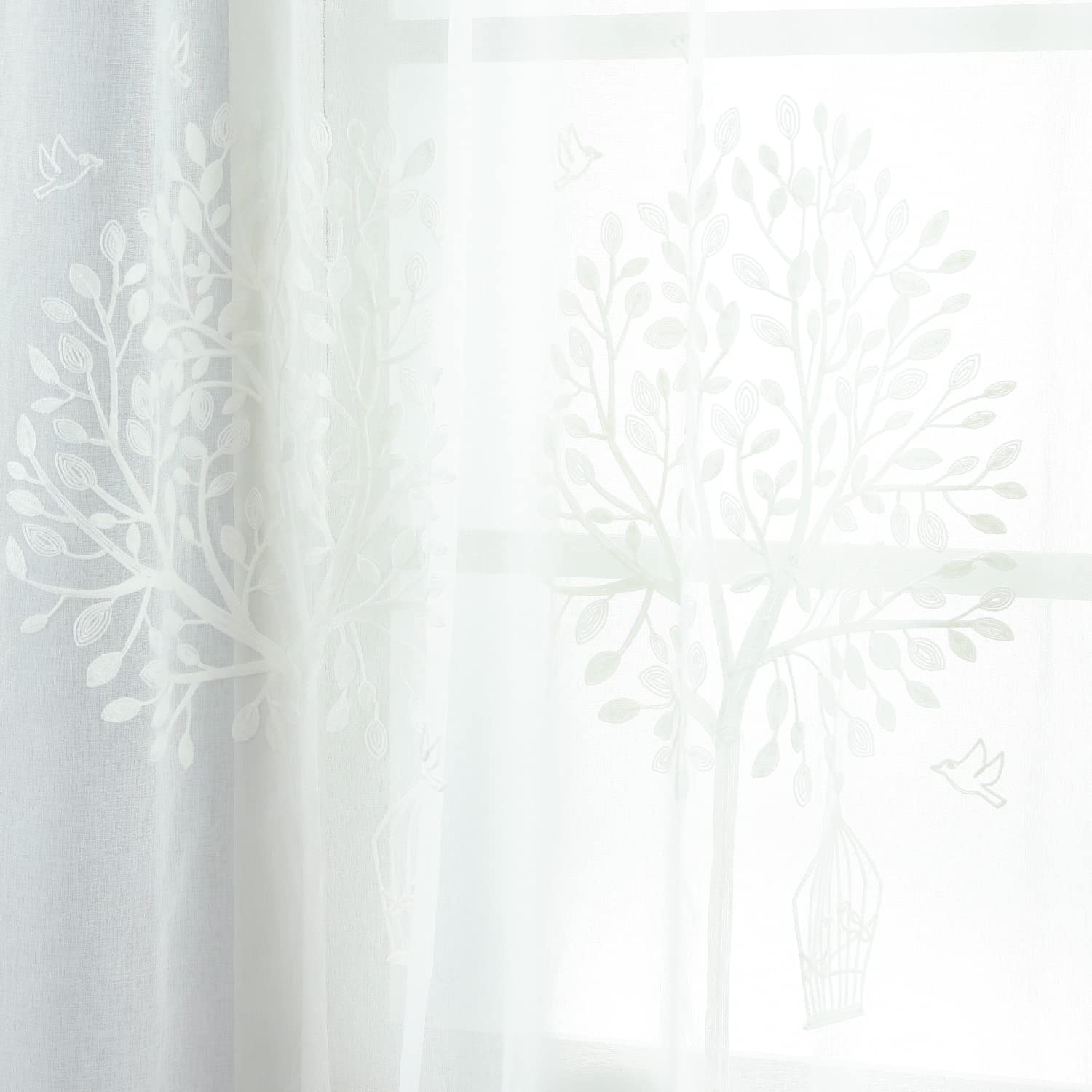 VOGOL White Sheer Curtains for Girls Bedroom, Trees Embroidered Semi Sheer Curtain Panels, Rod Pocket Window Treatment 96 Inches Long, 2 Pieces