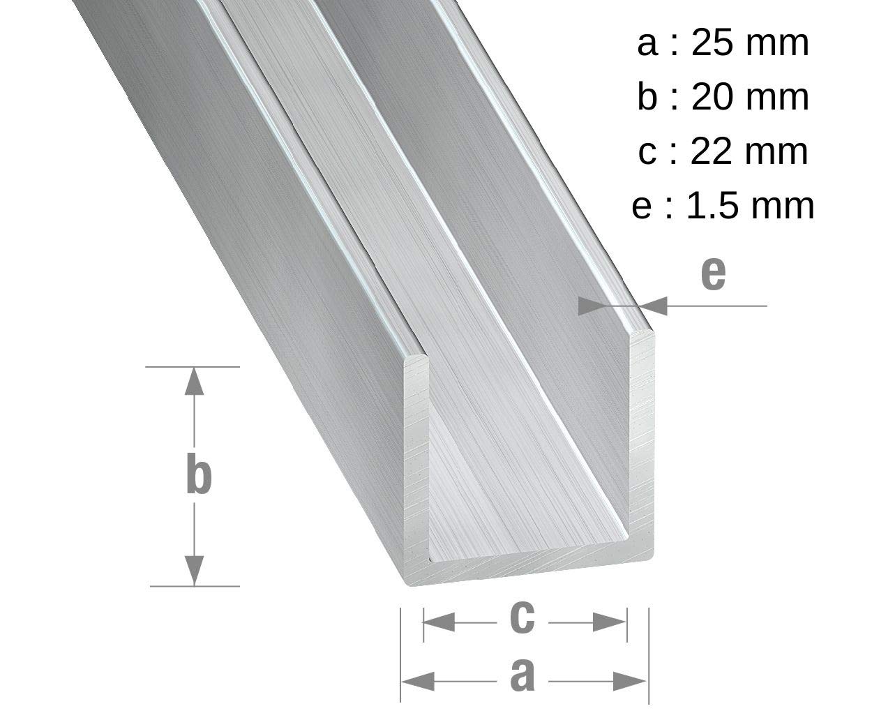 CQFD Aluminium brut inoxydable U-profile 20x25x20x1,5 int.22-1m