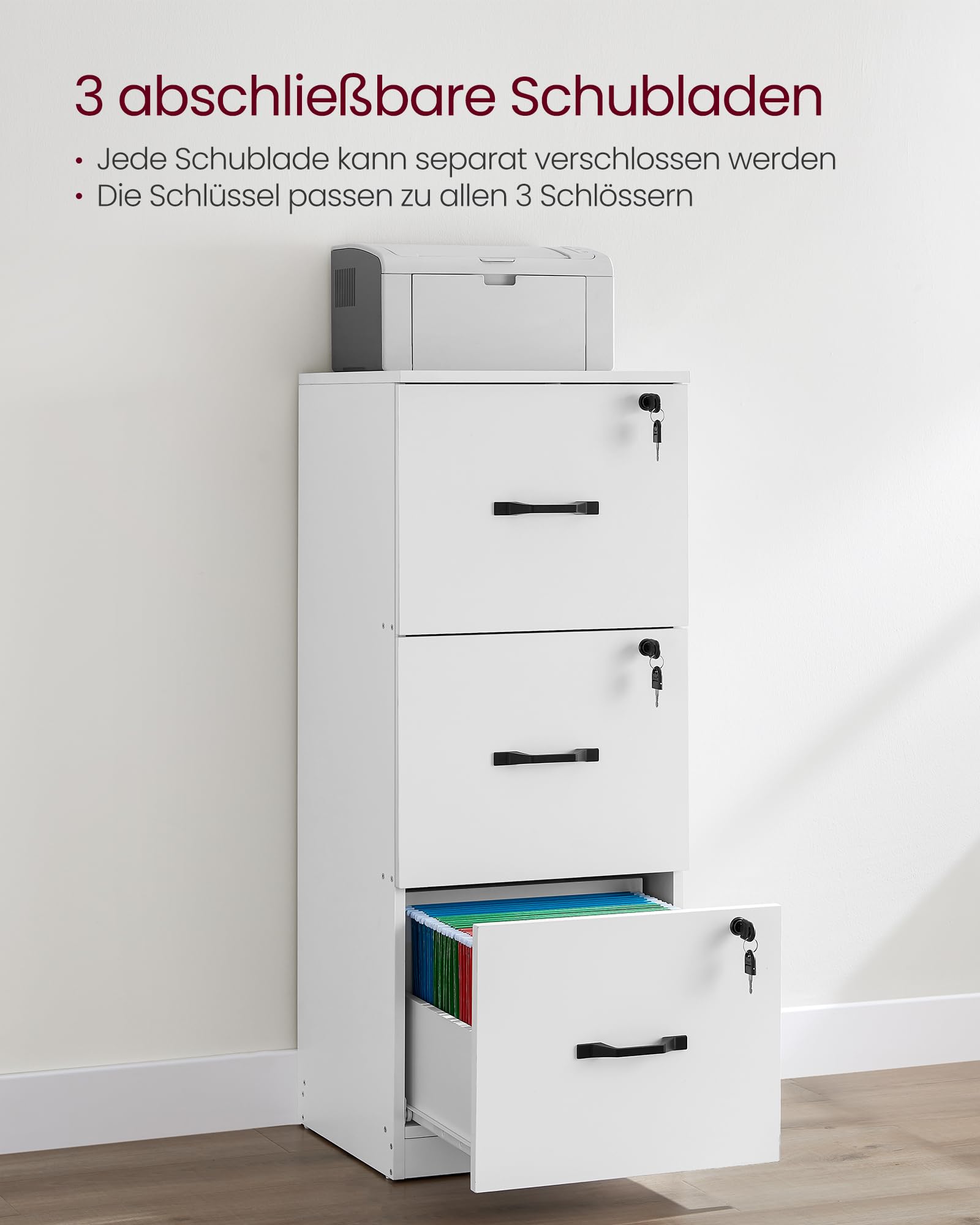 VASAGLE Custos Kollektion - Aktenschrank, Büroschrank für Homeoffice, Druckerständer, mit 3 abschließbaren Schubladen, verstellbare Hängestangen, für A4- und Letter-Formate, wolkenweiß OFC055WB01