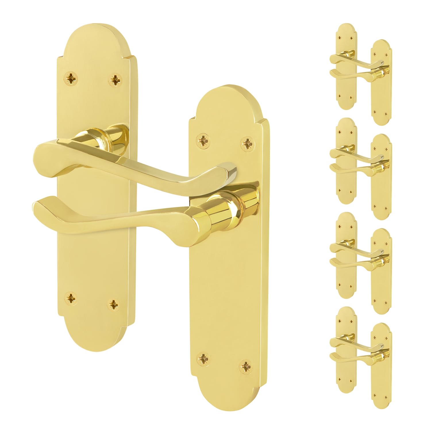 EAI Polished Brass Door Handles, 5 Pairs on Backplate - Victorian Scroll