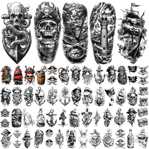 Image of 77 Sheets Pirate Temporary Tattoos Adult,Captain Anchor Compass Sailboat Tattoos, Pirate Ships Flag Skull Crossbones Sailor Fake Tattoo for Costume, Fake Arm Tattoos for Men Women Kids