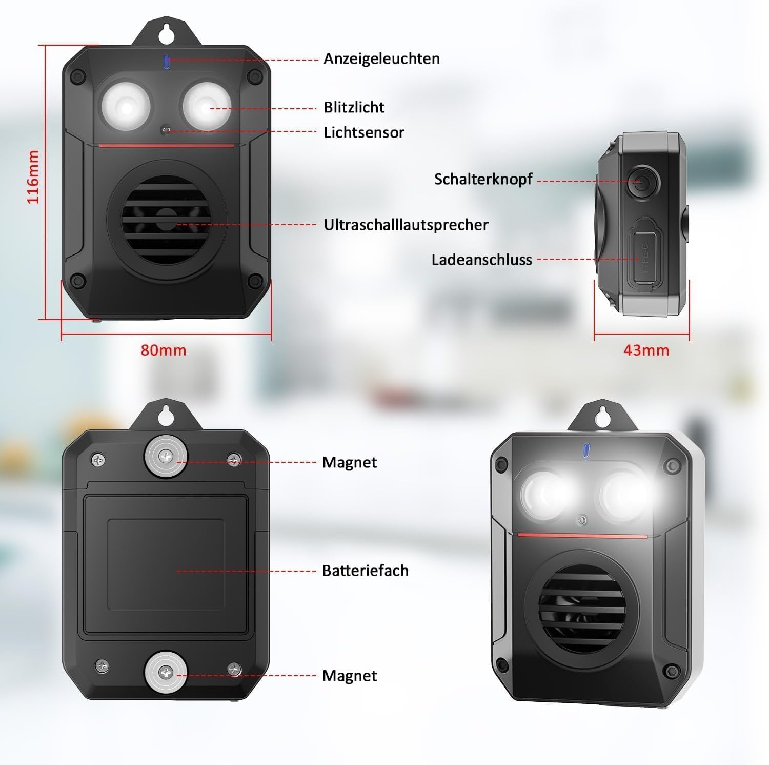 MEKEET Dissuasore per martore per auto, a ultrasuoni | Luce flash a LED, 15-55 kHz, impermeabile IP65, contro martore, topi e ratti, per auto, garage, soffitta