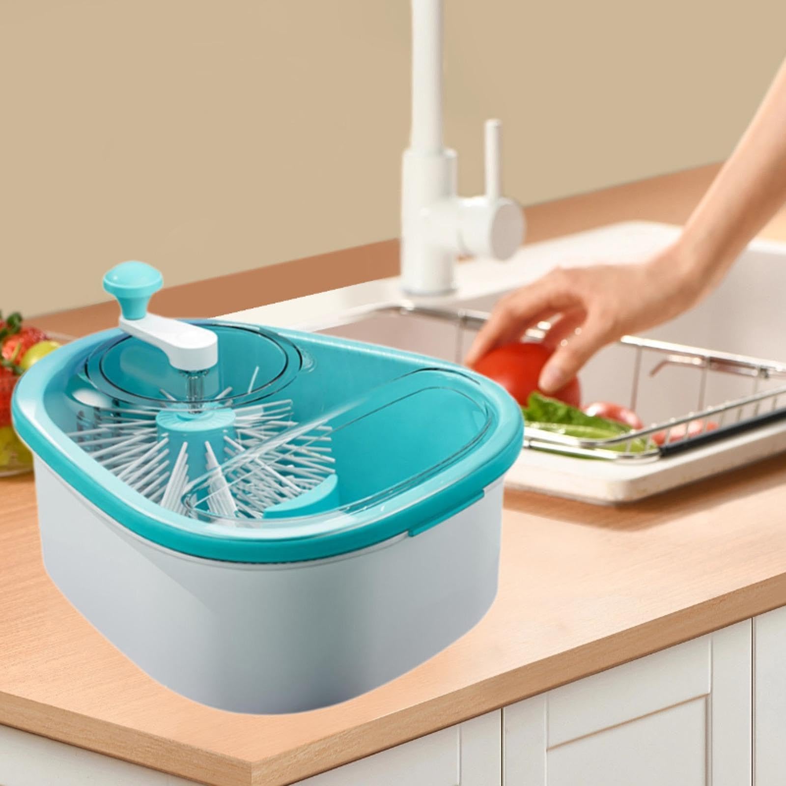 LOVIVER Waschkorb Frucht Waschmaschine Scrubber, Küchengeräte, groß, ohne nasse Hände, Kurbel Design Fruchtkolander multifunktional, Blau
