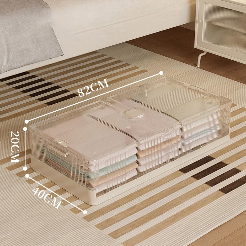 Stackable Closet Under Bed Organizers And Storage Box, Multi-Purpose Storage Bins With Lids& Wheels Organizer Containers, Large Plastic Folding Box For Clothes Shoes - Brown (Clear)