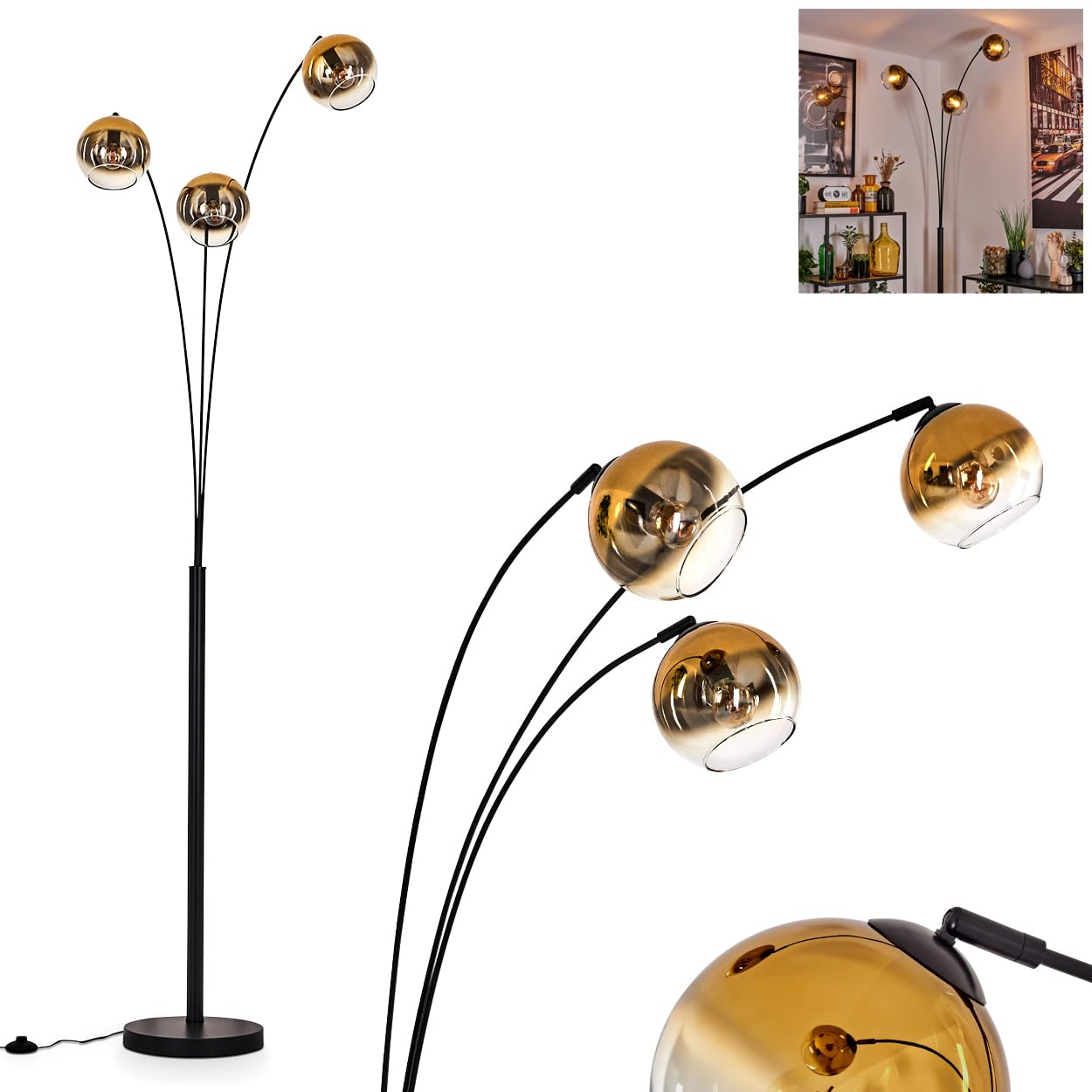 Stehleuchte Koyoto, Stehlampe aus Metall/Glas in Schwarz/Goldfarben/Klar, Leuchte im modernen Retro/Vintage-Design mit Schirmen aus Glas (Ø 15cm) u. Fußschalter, Höhe 210cm, 3 x E14, ohne Leuchtmittel