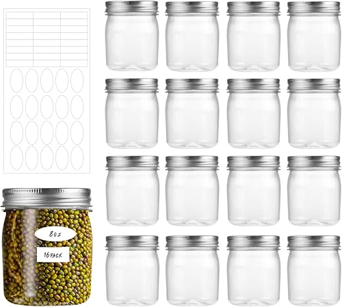 Party Club of America Paquete de 16 tarros de plástico plateados de 8 onzas con tapas de rosca, contenedor de almacenamiento de alimentos para