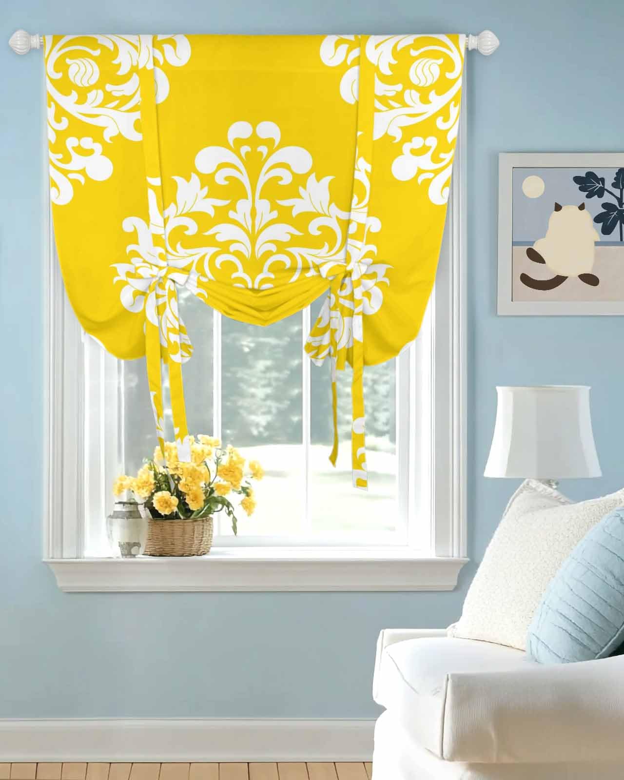 Tie Up Curtains for Windows Vintage Flowers Pattern Art Rod Pocket Tie-Up Window Shade Adjustable Balloon Curtain Valance Abstract Floral on Yellow for Bedroom Kitchen Bathroom Blinds,42x45in