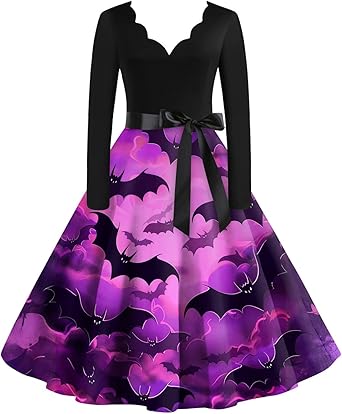 OIOLOYJM Sexy Plus Size Halloween Costumes Woman 2025 Long Sleeve V Neck Printed Gothic Retro Formal Party Dresses for Women