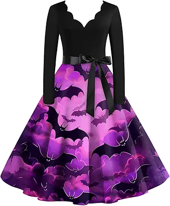 OIOLOYJM Sexy Plus Size Halloween Costumes Woman 2025 Long Sleeve V Neck Printed Gothic Retro Formal Party Dresses for Women