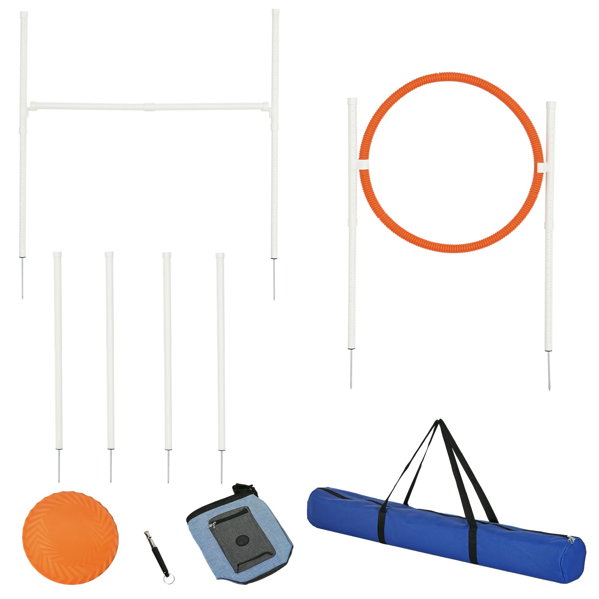PawHut Zestaw agility do treningu psów z regulowaną wysokością przeszkodą | 5-częściowy zestaw, worek na karmę, obręcz skokowa, tyczki slalom, zestaw wbijanych przeszkód z gwizdkiem, torba