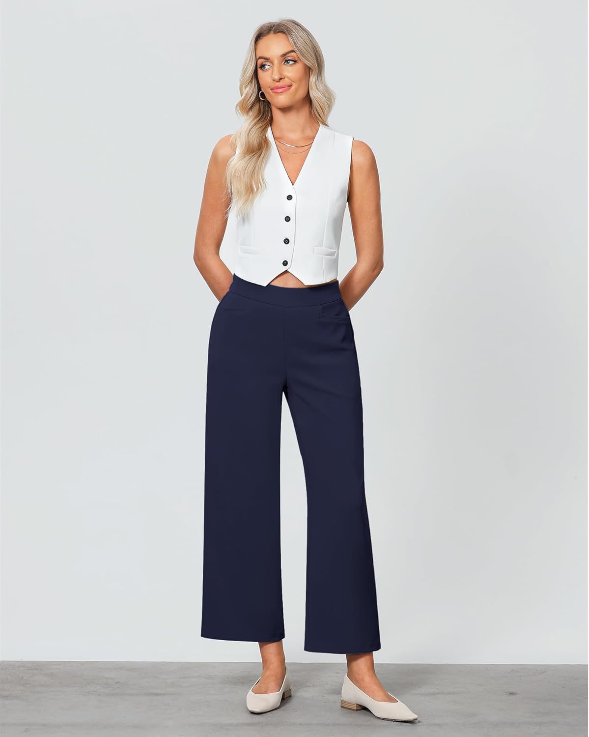 GRAPENT Cropped Pants for Women Trendy Business Casual High Waisted Pull On Wide Leg Stretchy Dress Pants with Pockets - Image 5