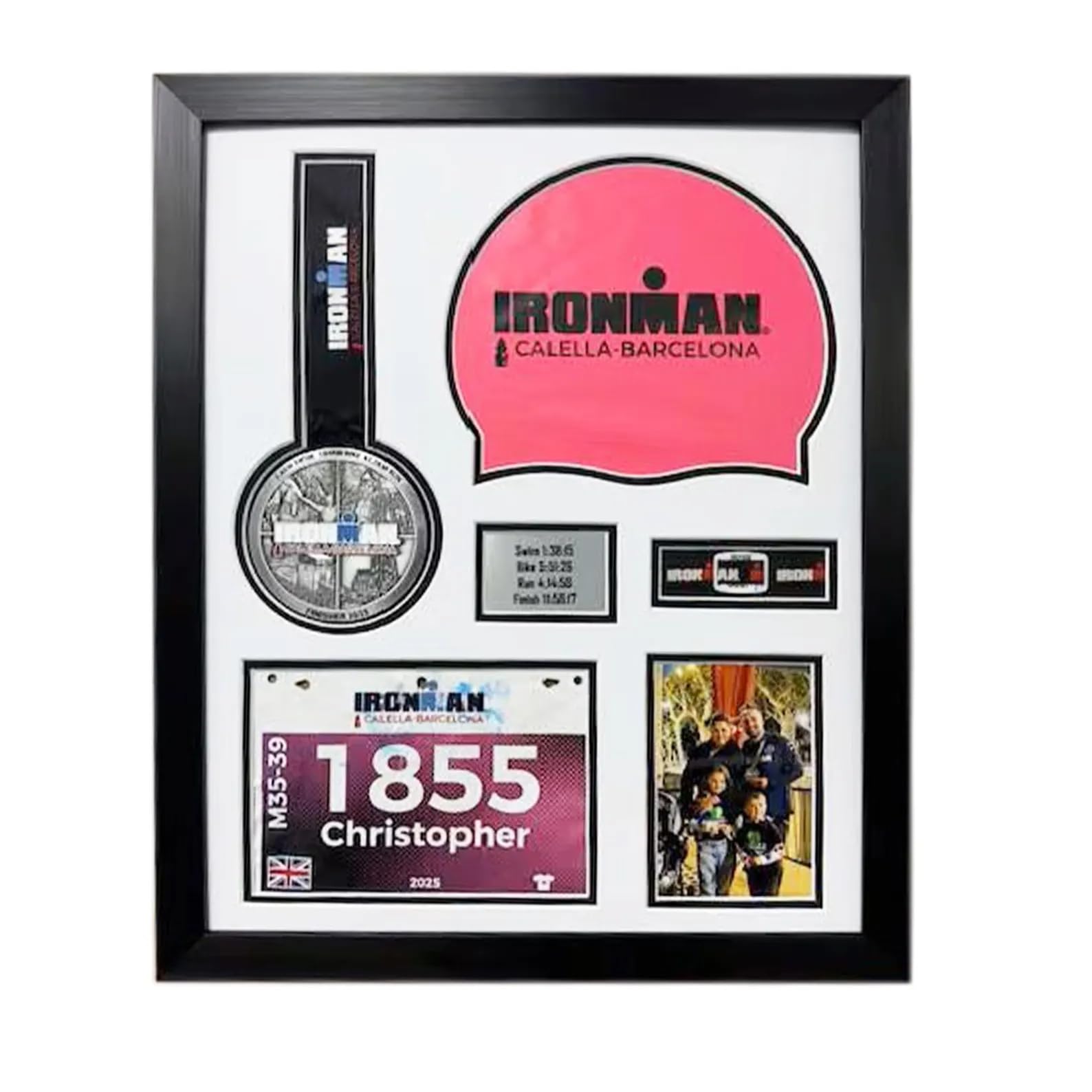 Kwik Picture Framing Ltd Ironman Medal Frame 22x18 Inch with Swim Cap, Bib Holder & Photo Display, 3D Triathlon Shadow Box Case - White Mount
